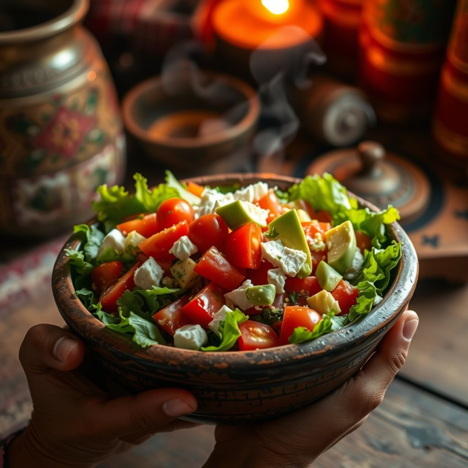Ensalada mexicana tradicional en bowl de barro ancestral con iluminación mística evocando tradiciones culinarias ancestrales