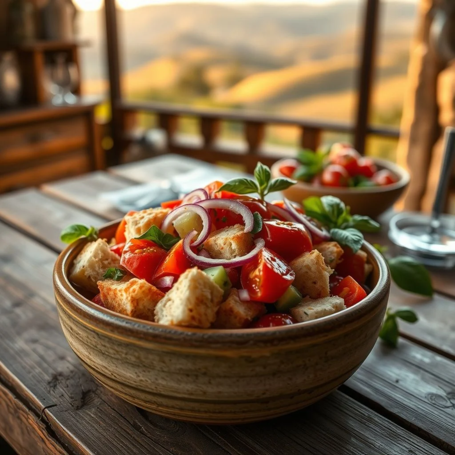 Auténtica ensalada Panzanella Toscana con pan, tomates frescos y albahaca en mesa rústica de madera