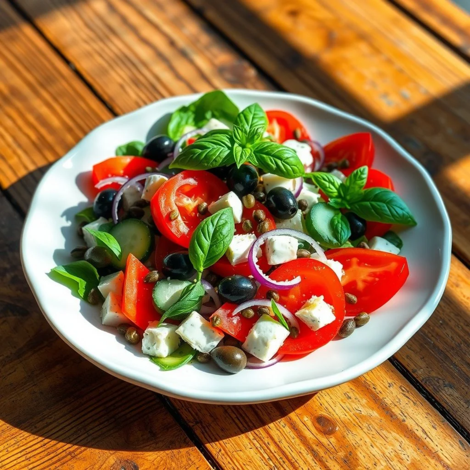 Ensalada siciliana auténtica con aceitunas, alcaparras, tomates frescos y queso pecorino en plato blanco sobre mesa rústica mediterránea