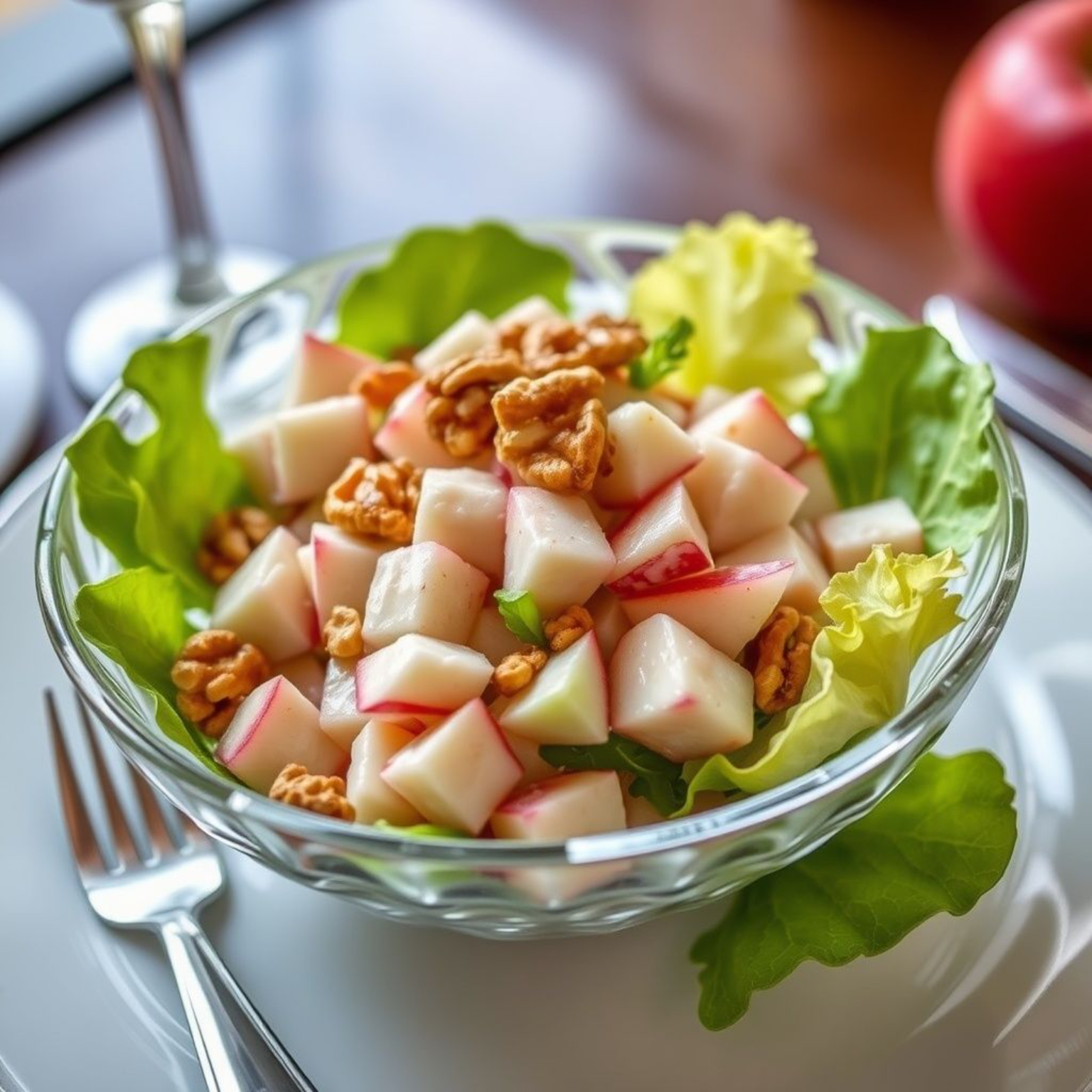 Elegante ensalada Waldorf con manzanas, apio y nueces en cuenco de cristal