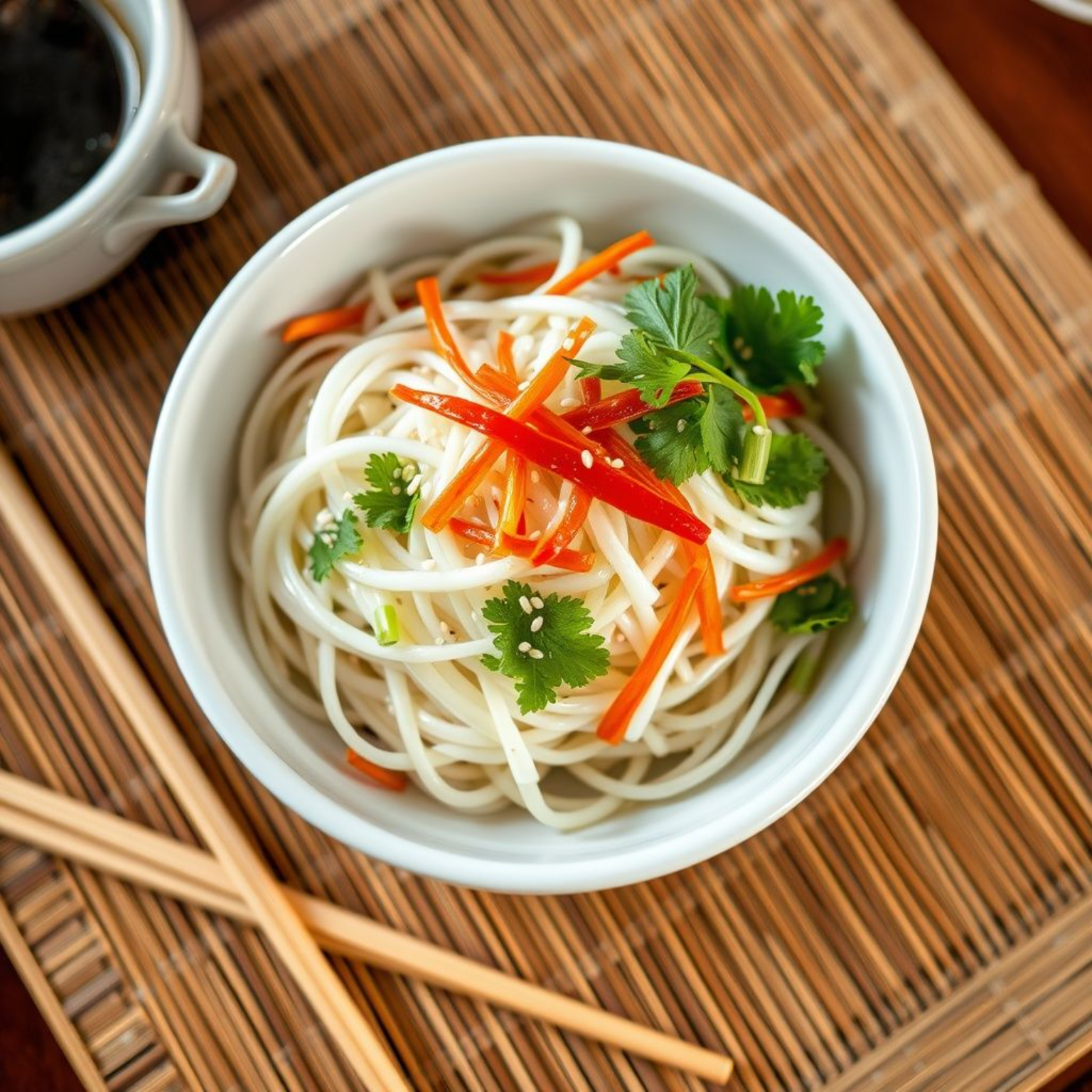 Ensalada china de brotes de soja fresca servida en bowl de porcelana con aderezo de aceite de sésamo, semillas tostadas y vegetales coloridos
