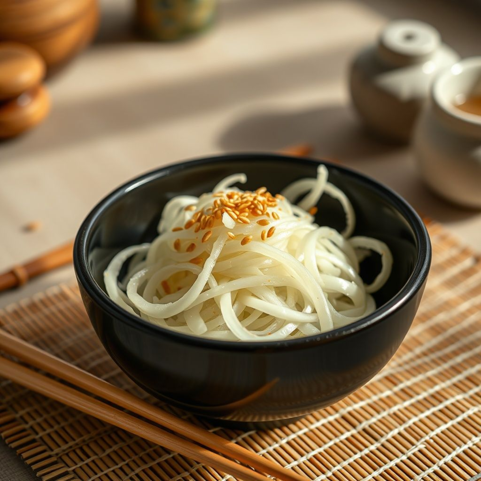 Ensalada de daikon japonesa tradicional con rábano blanco en juliana, vinagre de arroz y semillas de sésamo en bowl de laca negra