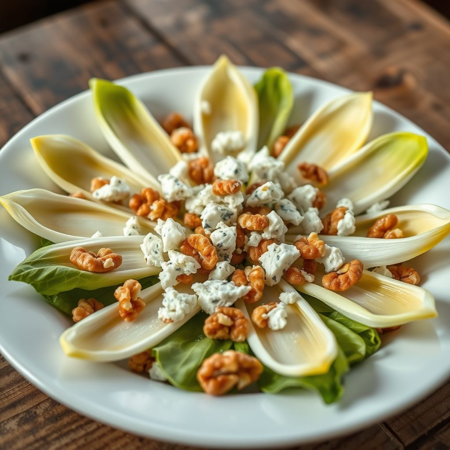 Ensalada de endivias con roquefort y nueces servida en plato blanco, mostrando la combinación elegante de hojas crujientes, queso azul desmenuzado y nueces tostadas
