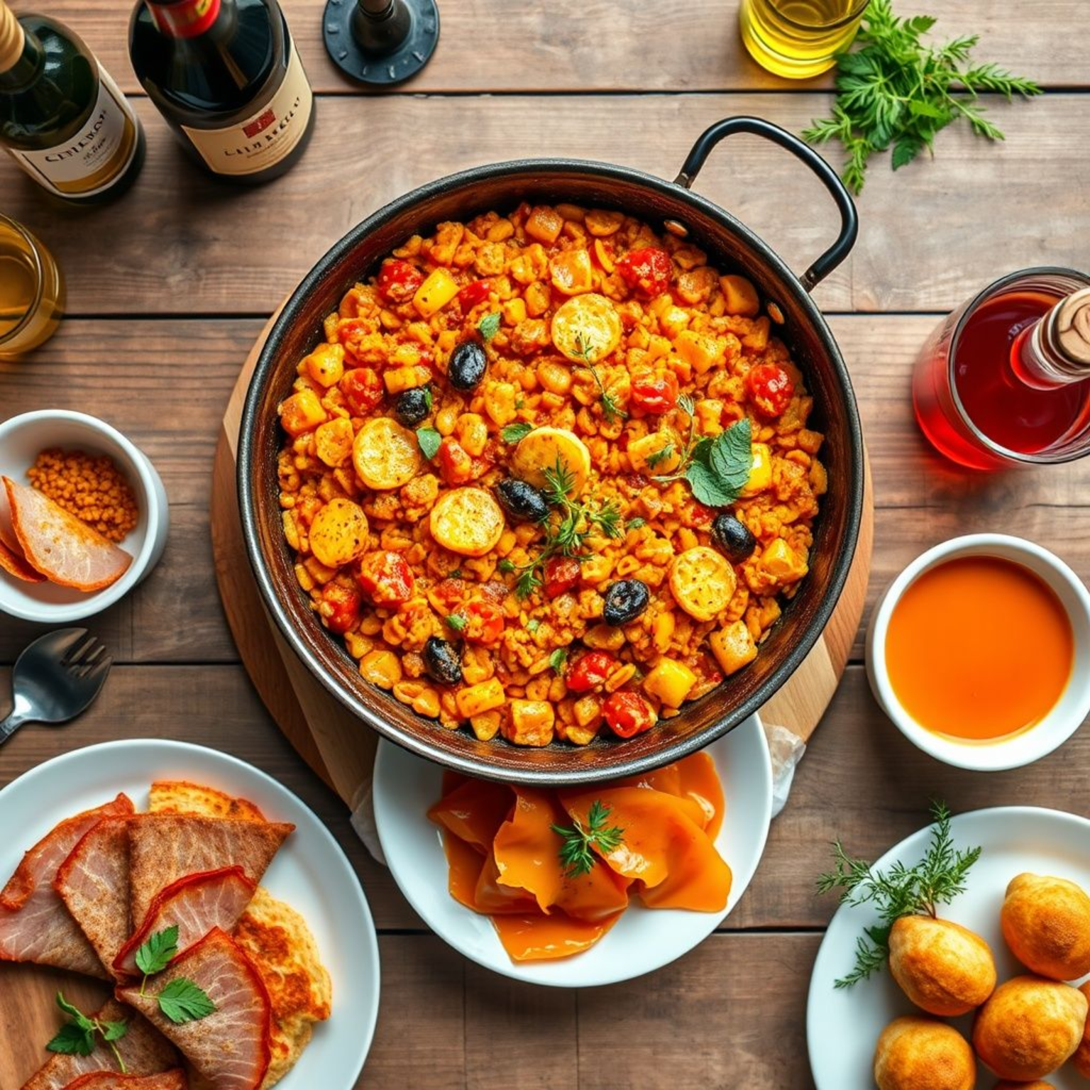 Selección de platos tradicionales españoles incluyendo paella valenciana, tortilla española, jamón ibérico, gazpacho y croquetas en mesa rústica con vino tinto