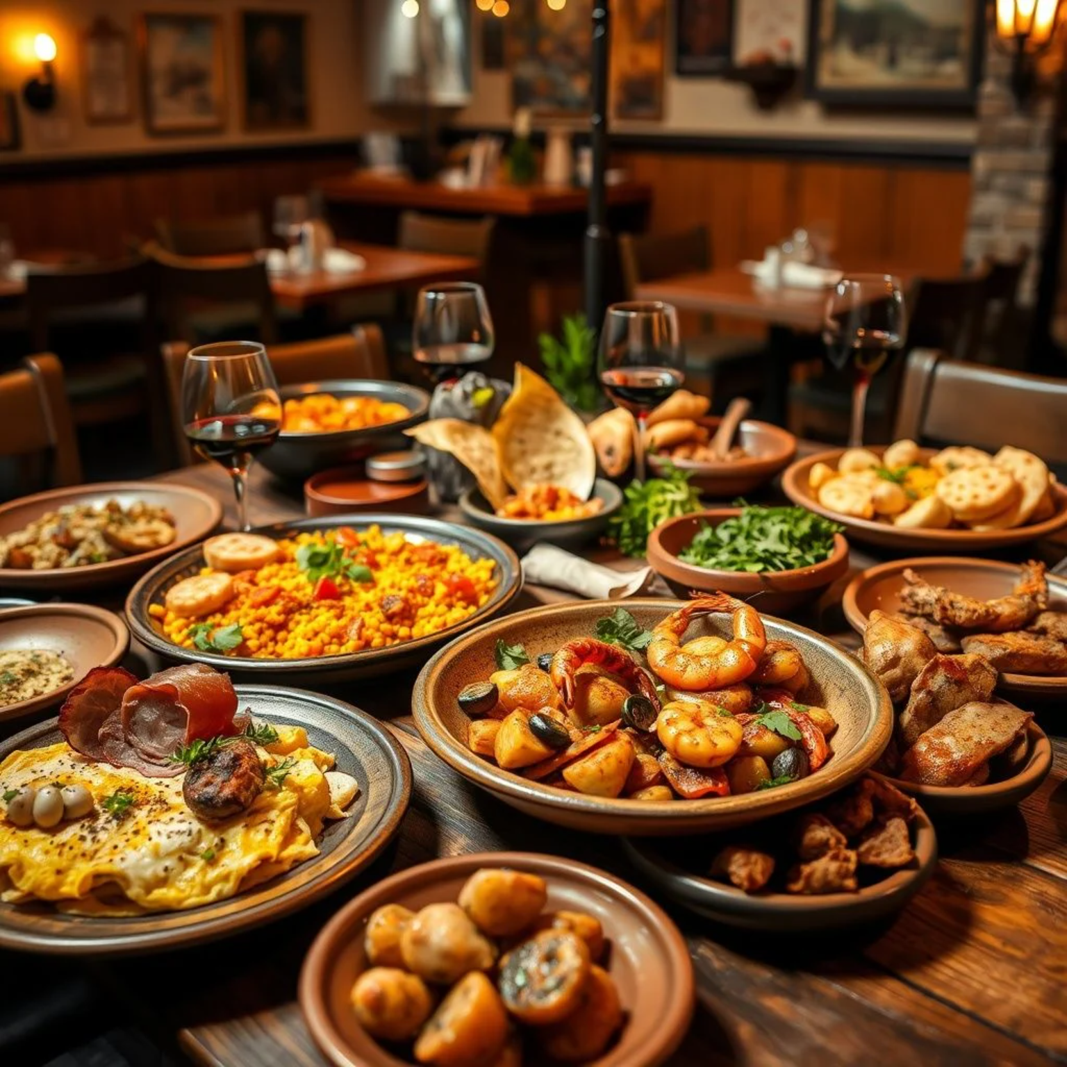 Deliciosa variedad de tapas españolas tradicionales servidas en un restaurante auténtico de Madrid