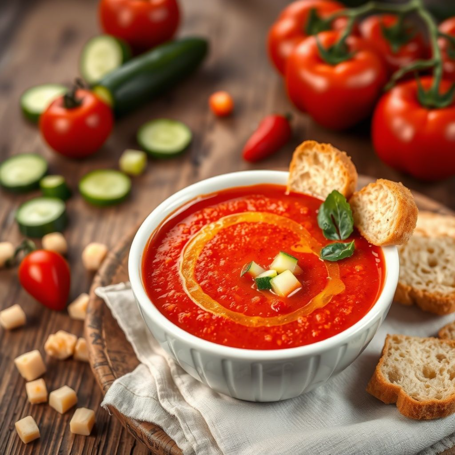 Gazpacho andaluz tradicional en bowl blanco con guarnición de verduras picadas y aceite de oliva virgen extra