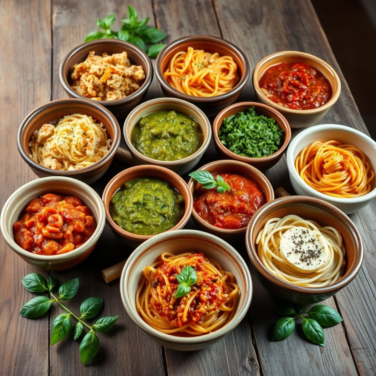 Siete salsas italianas auténticas para pasta en bowls rústicos con ingredientes tradicionales