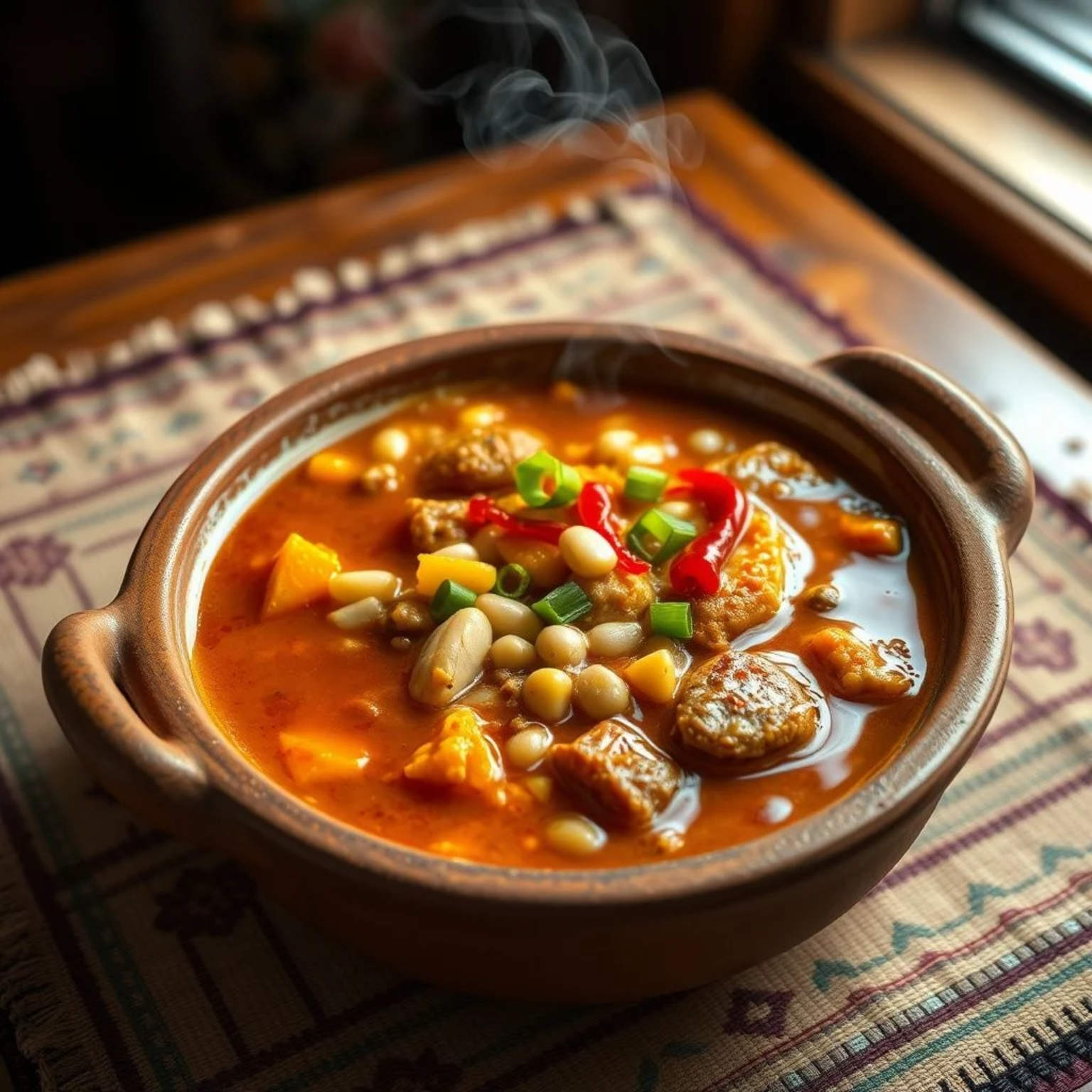 Locro criollo argentino auténtico servido en cuenco de barro tradicional, con una contundente mezcla de maíz, porotos, calabaza y carnes, coronado con aceite de ají rojo y cebollas verdes frescas.