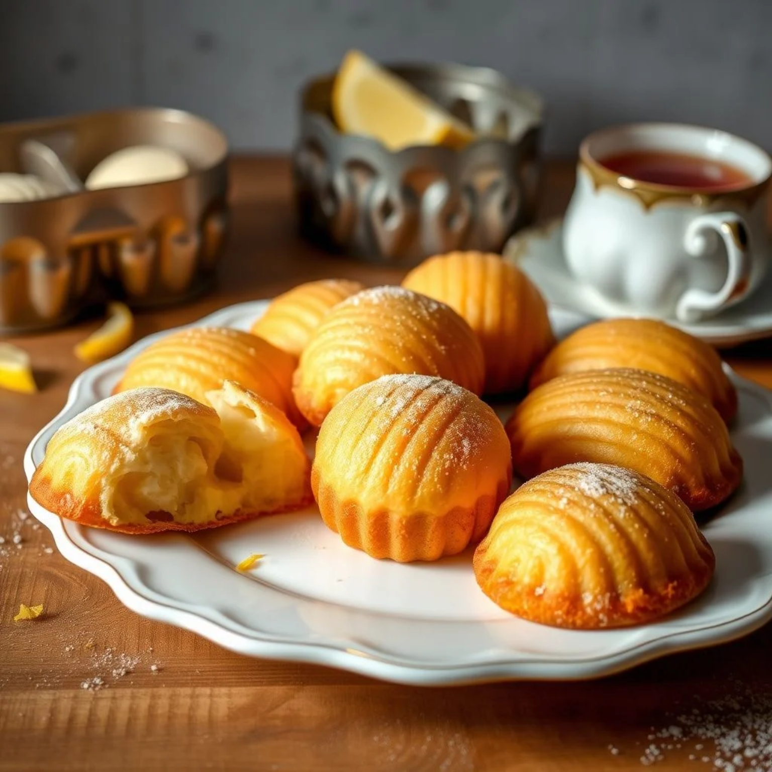 Madeleines francesas tradicionales doradas en forma de concha con su característica joroba, servidas con té