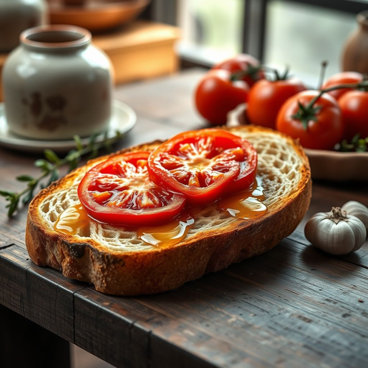 Pa amb tomàquet catalán tradicional con pan tostado, tomate fresco, aceite de oliva y ajo sobre mesa rústica mediterránea