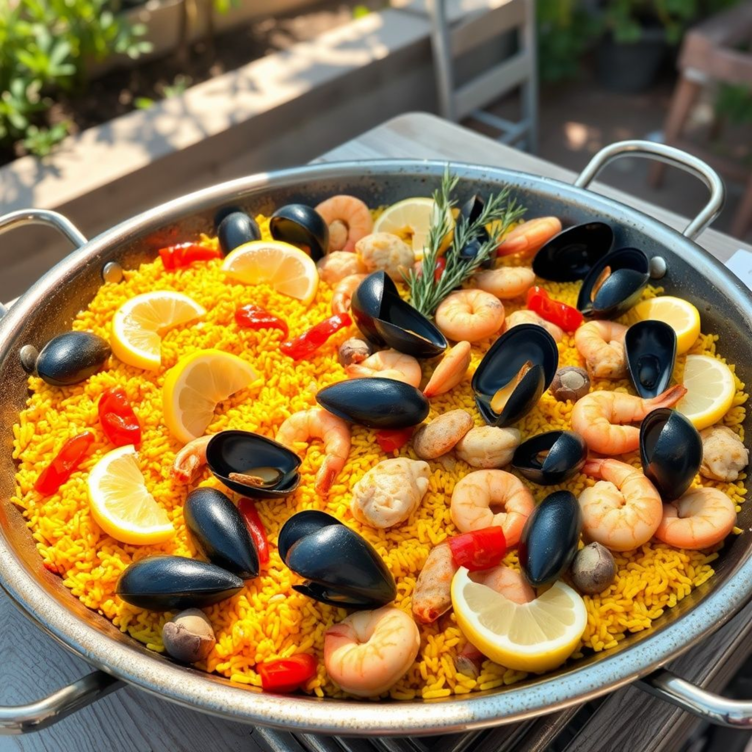 Paella valenciana con mariscos y pollo en sartén tradicional.