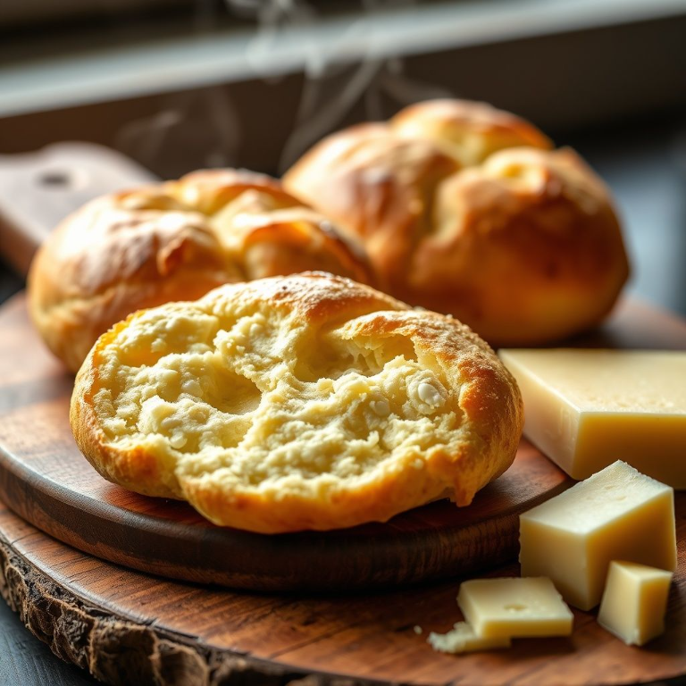 Pan de queso brasileño recién horneado con interior elástico visible y queso rallado alrededor en tabla rústica