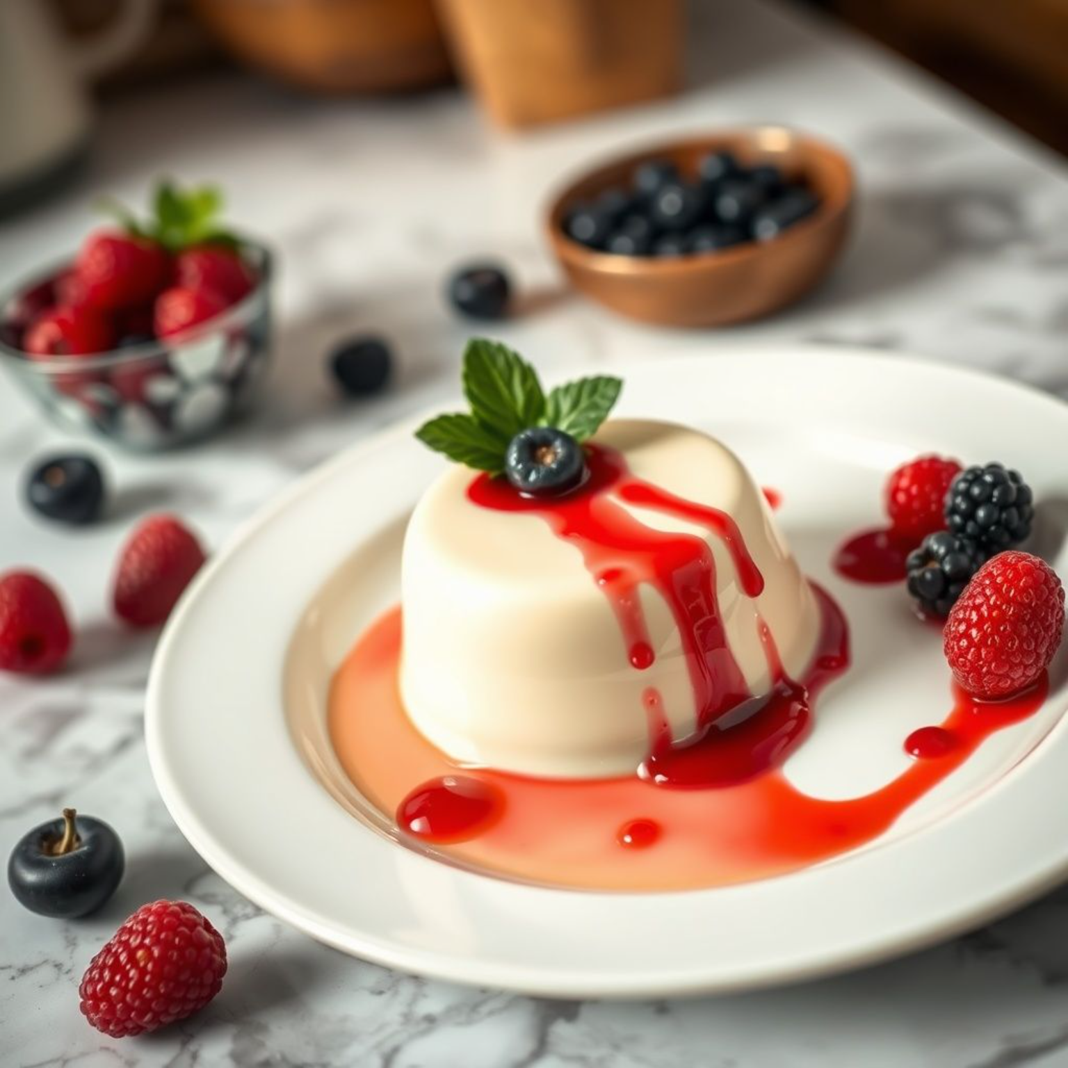 Panna cotta italiana tradicional con coulis de frutos rojos en plato elegante, textura sedosa perfecta