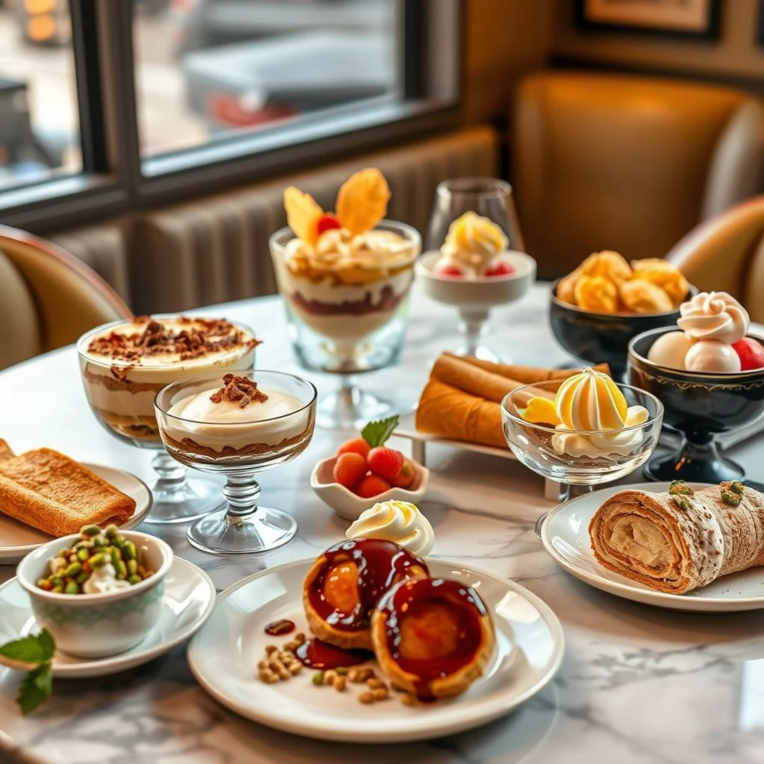Selección elegante de postres italianos tradicionales incluyendo tiramisú, cannoli, panna cotta y gelato artesanal sobre mesa de mármol