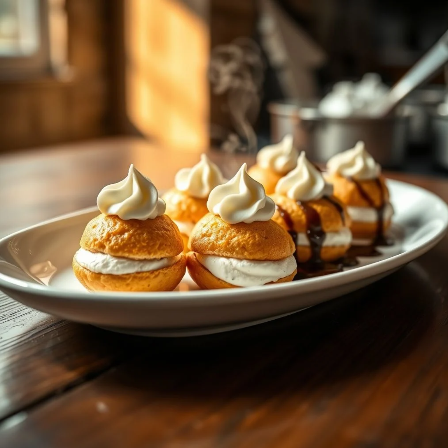 Profiteroles franceses dorados rellenos de crema chantilly servidos en plato elegante con salsa de chocolate