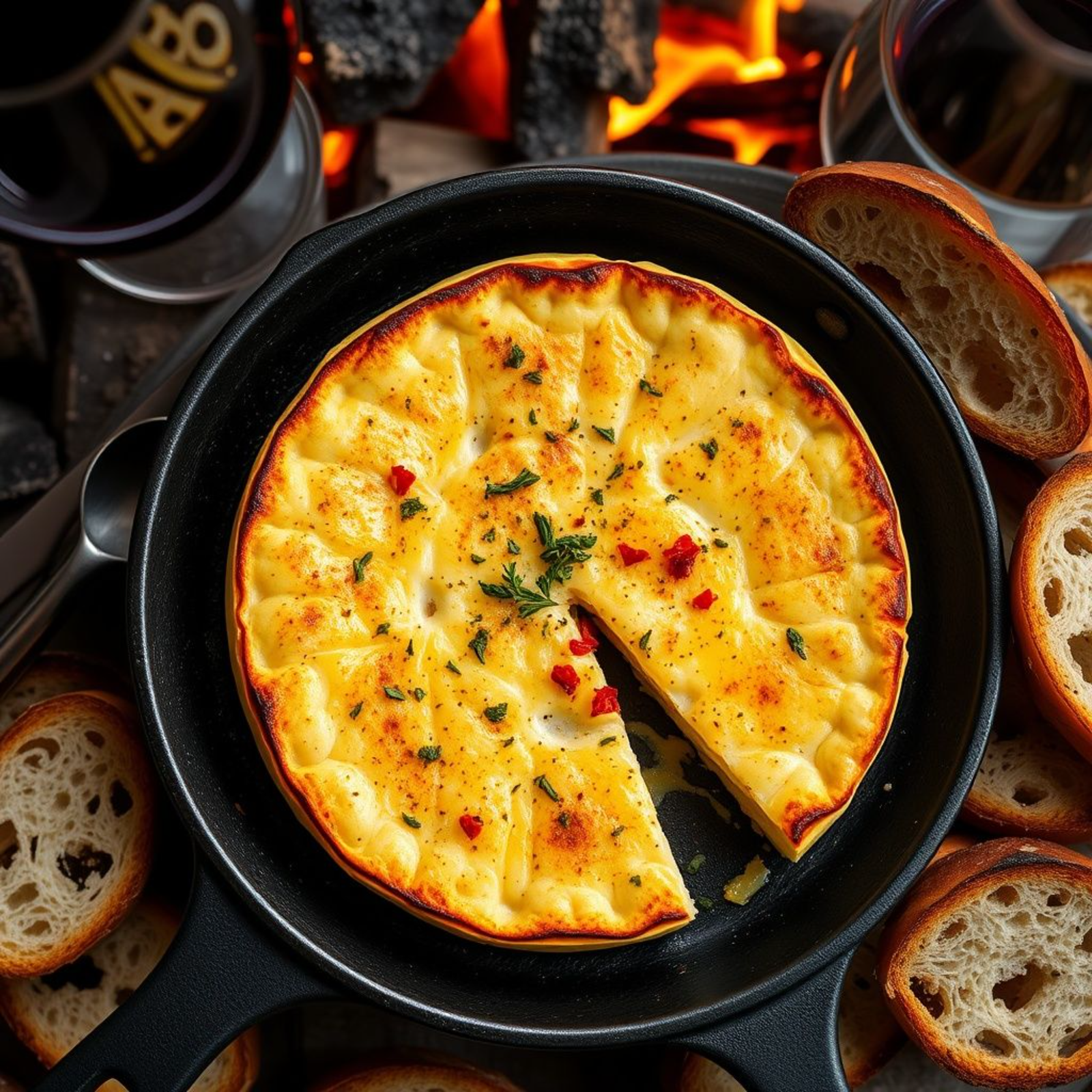 Provoleta argentina dorada servida en sartén de hierro con orégano y ají molido, acompañada de pan criollo y copa de vino tinto.