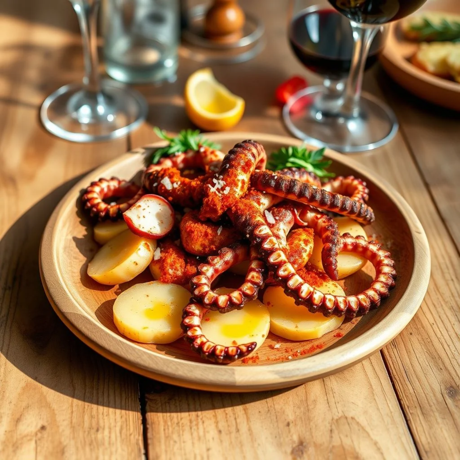Pulpo a la gallega tradicional servido en plato de madera con patatas, pimentón y aceite de oliva virgen extra