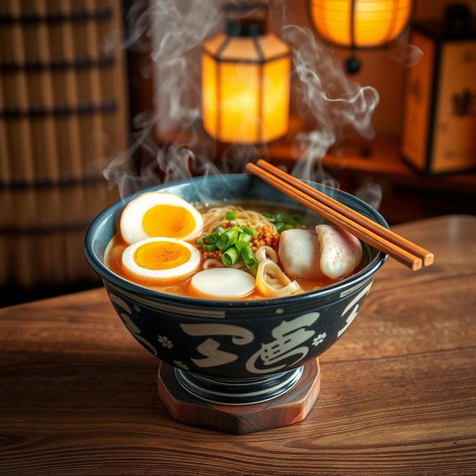 Un tazón humeante de ramen japonés tradicional con caldo tonkotsu, cerdo chashu, huevo marinado, narutomaki y cebollín.