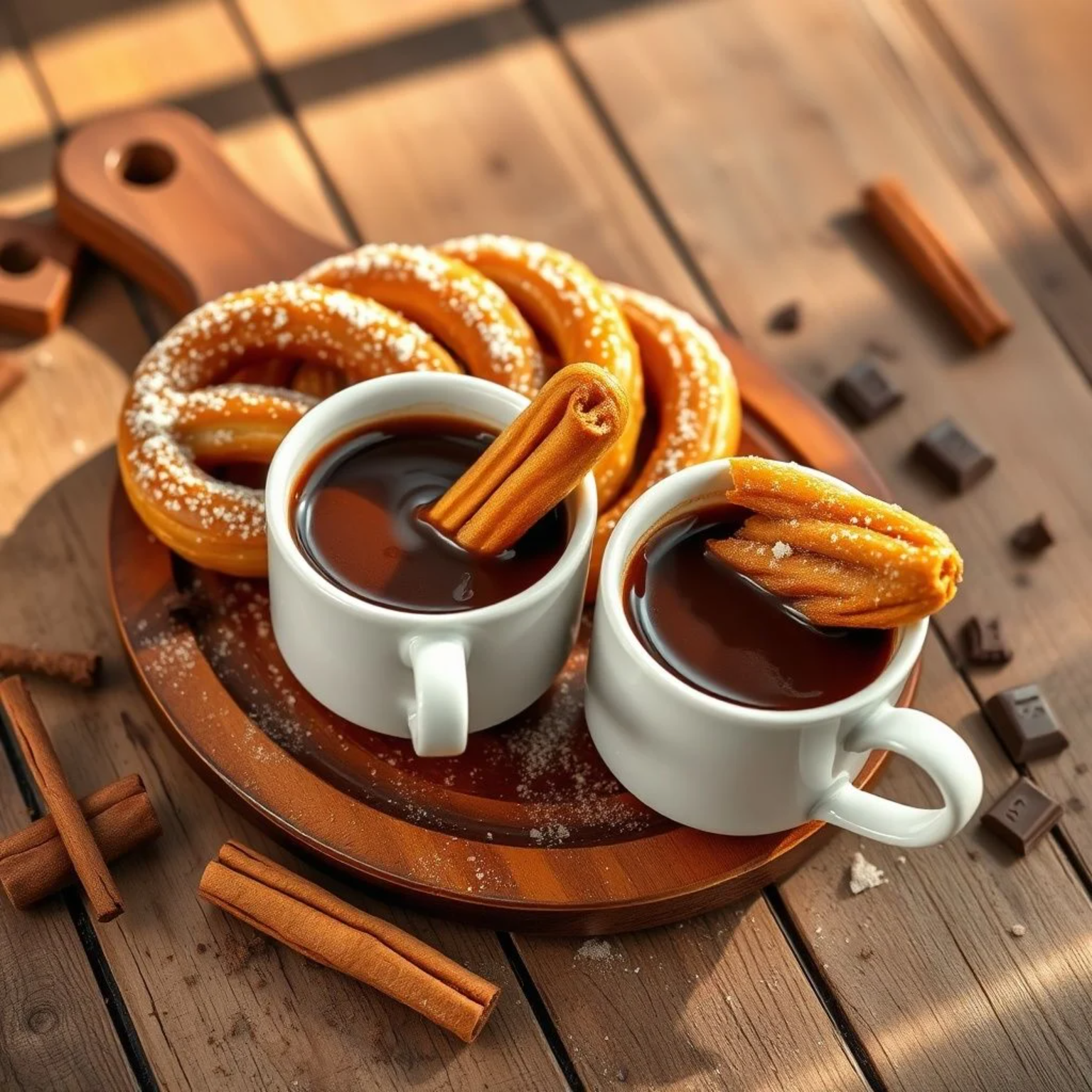 Churros caseros recién hechos con azúcar y taza de chocolate caliente español para mojar