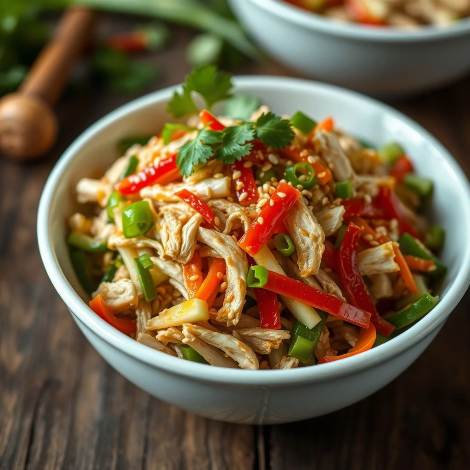 Ensalada china de pollo fácil con sésamo y vegetales frescos servida en bowl blanco