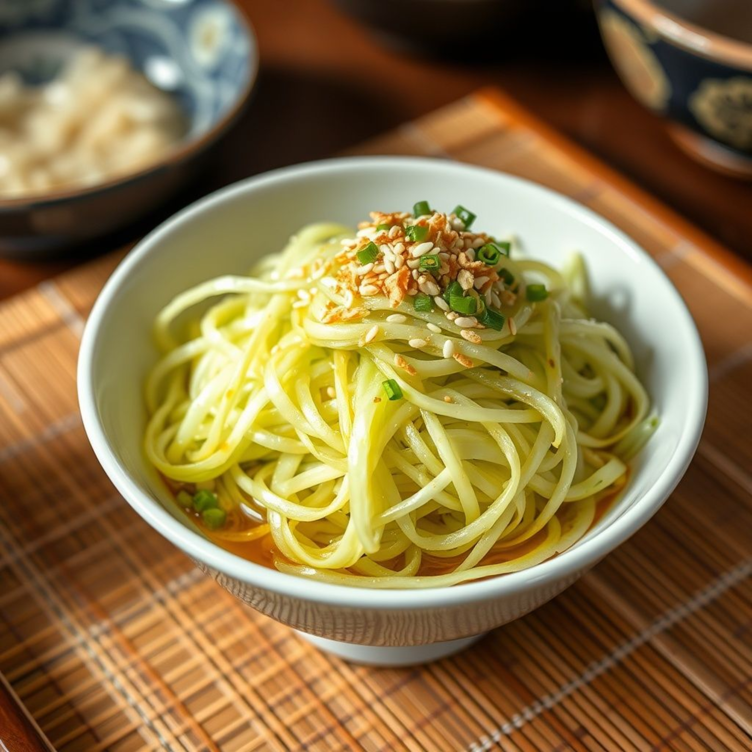 "Ensalada japonesa de col con ponzu (kyabetsu no ponzu-ae) servida en tazón de cerámica blanca, col en juliana fina con aderezo ponzu auténtico y semillas de sésamo"