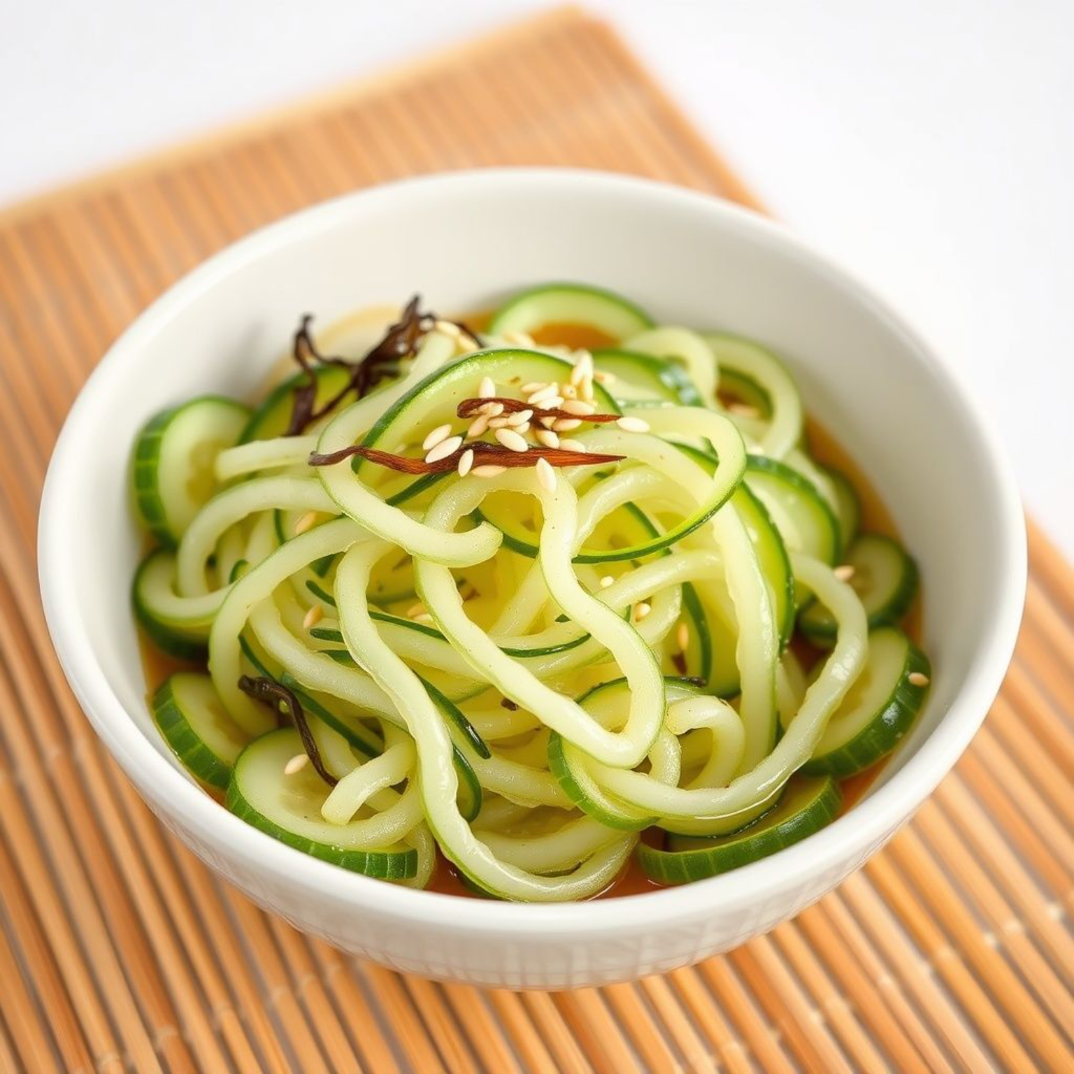 Ensalada sunomono japonesa auténtica con pepino en láminas finas, vinagre de arroz y semillas de sésamo servida en tazón de cerámica blanca tradicional