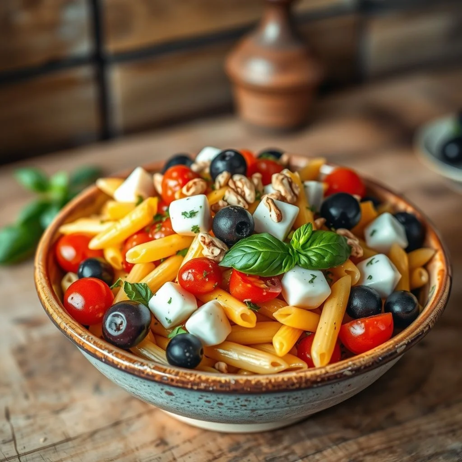 Ensalada de pasta italiana fácil con mozzarella, tomates cherry y albahaca fresca en bowl rústico