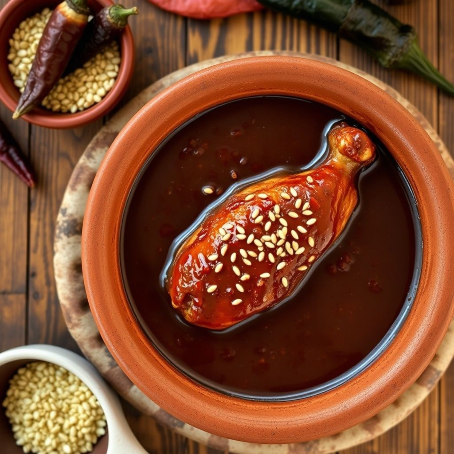 Mole poblano auténtico con pollo, ajonjolí y chiles secos.