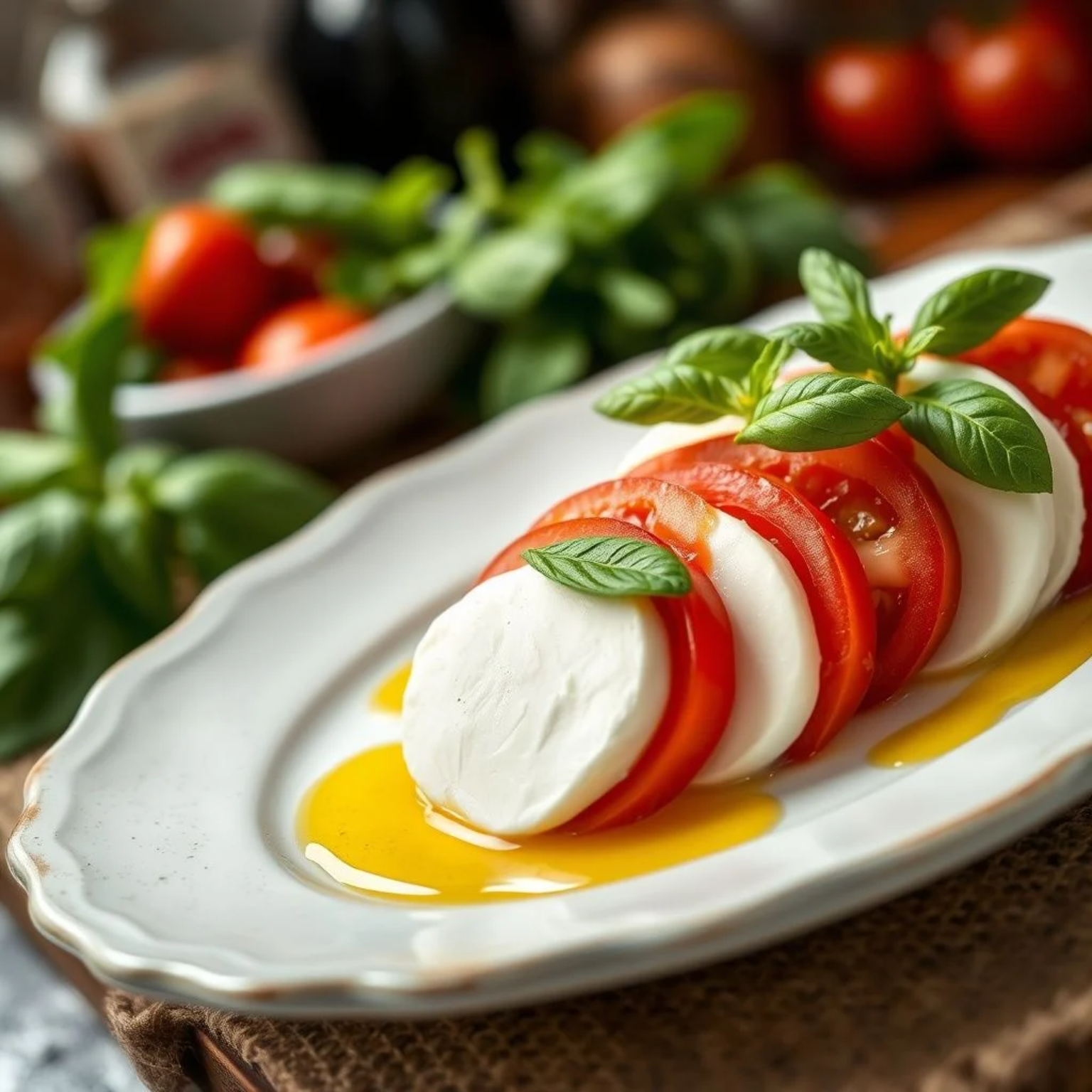 Ensalada Caprese italiana auténtica con mozzarella fresca, tomate maduro y albahaca sobre plato blanco rústico
