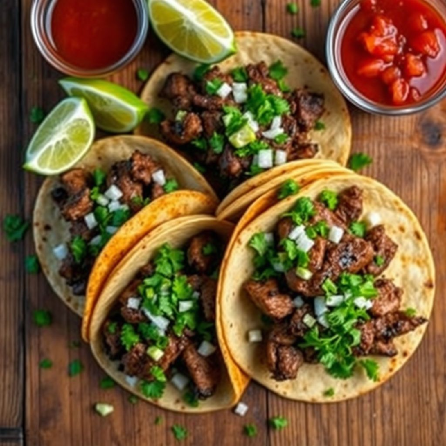 Tacos de carne asada recién hechos con cilantro, cebolla y salsa. Receta fácil.