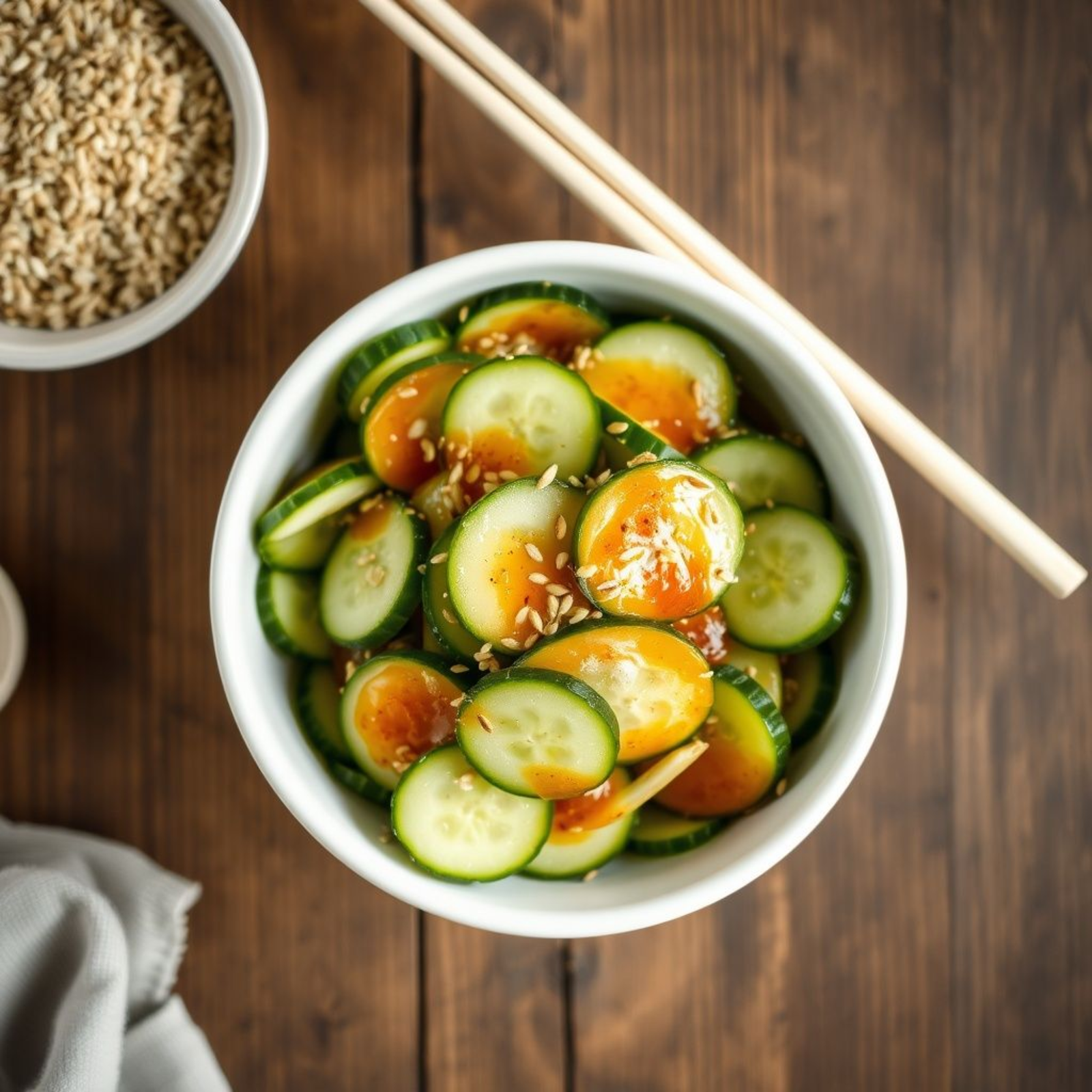Ensalada china de pepino fresca con vinagre de arroz y semillas de sésamo en tazón blanco