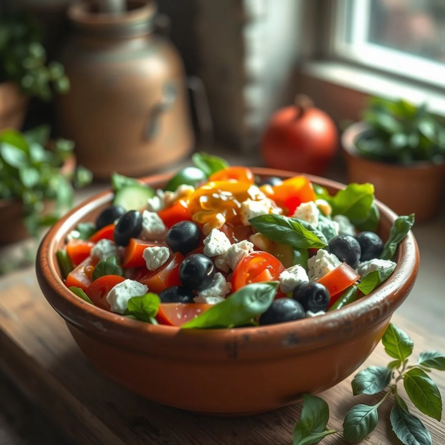 Ensalada provenzal francesa auténtica con tomates frescos, aceitunas negras, queso de cabra y hierbas aromáticas en bowl de terracota