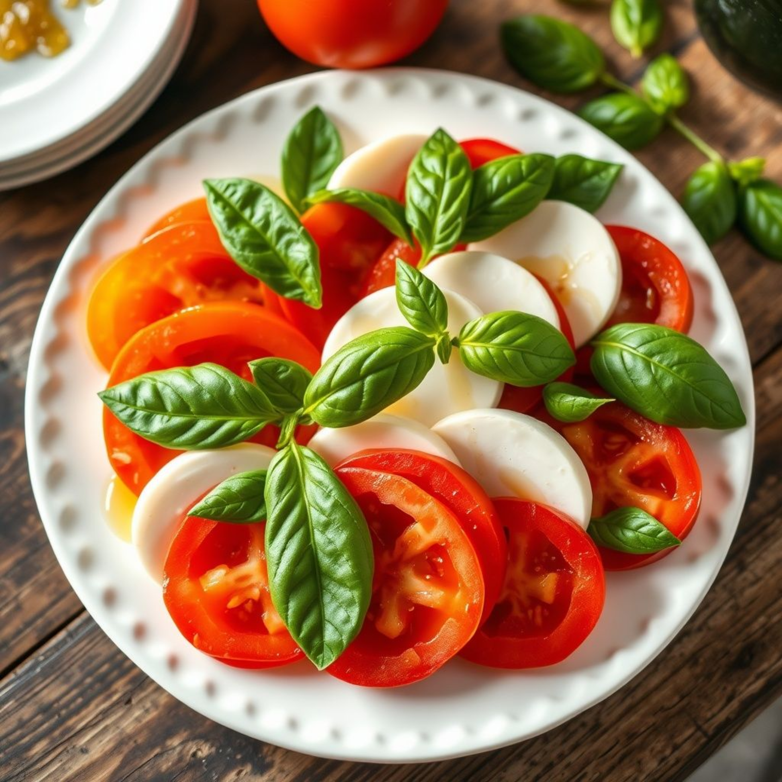 Ensalada tricolor italiana Caprese con tomate, mozzarella y albahaca fresca dispuesta en plato blanco