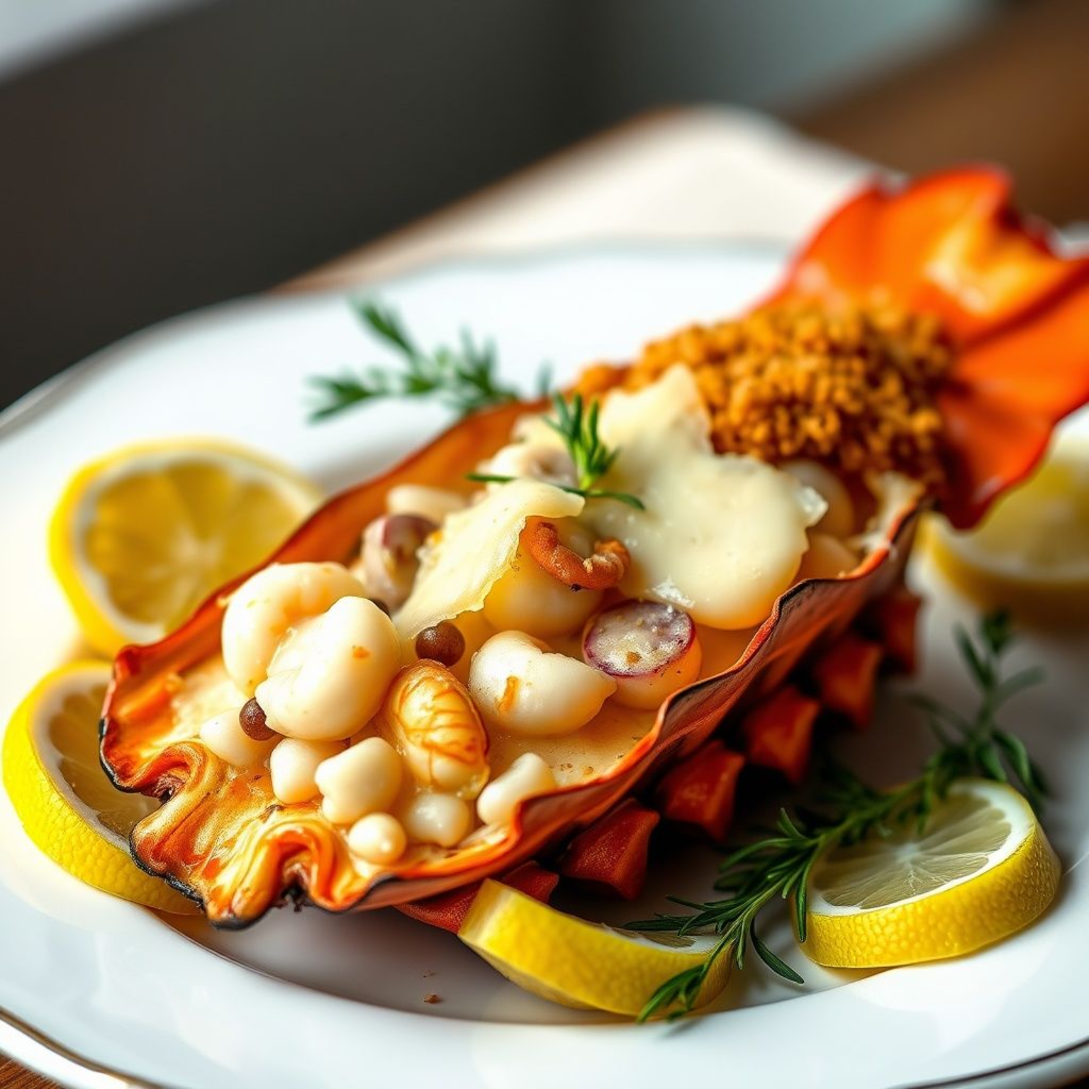 Langosta gratinada rellena de mariscos servida con queso parmesano dorado