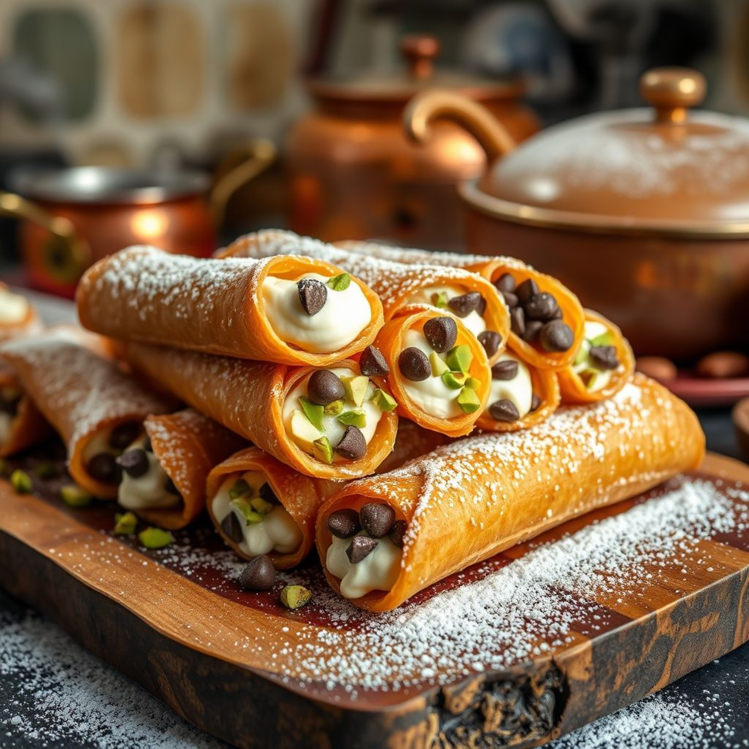 Cannoli sicilianos auténticos con ricotta cremosa y pistachos sobre tabla de madera rústica