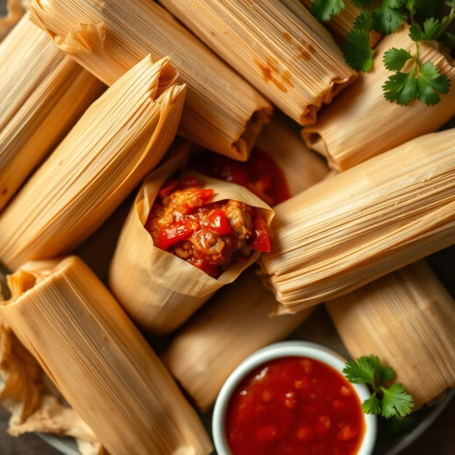 Tamales mexicanos caseros recién hechos con relleno de cerdo en salsa roja.