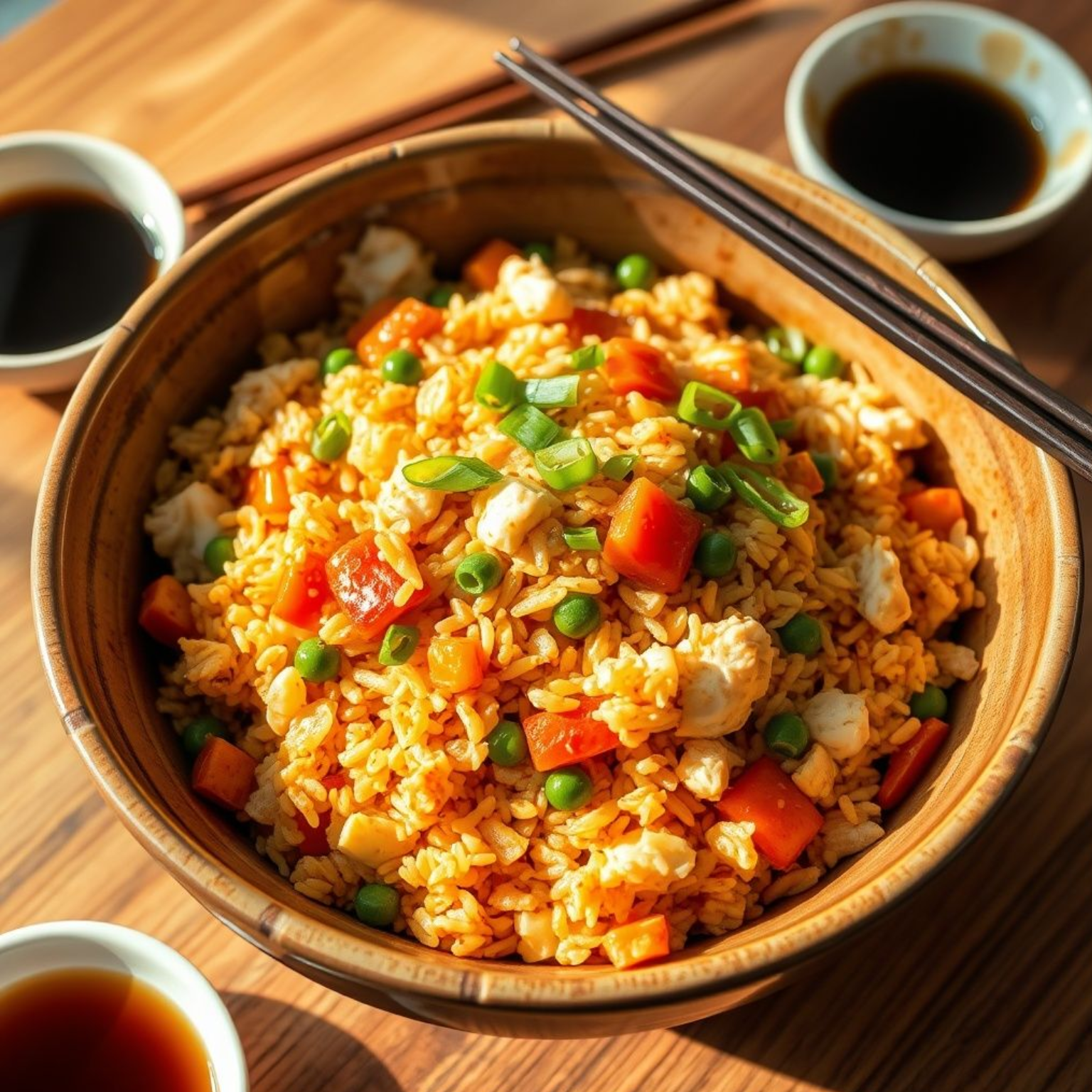 Plato de arroz frito chino casero con huevo revuelto, pollo, zanahoria, guisantes y cebolla de verdeo, servido en un cuenco sobre mesa de madera.