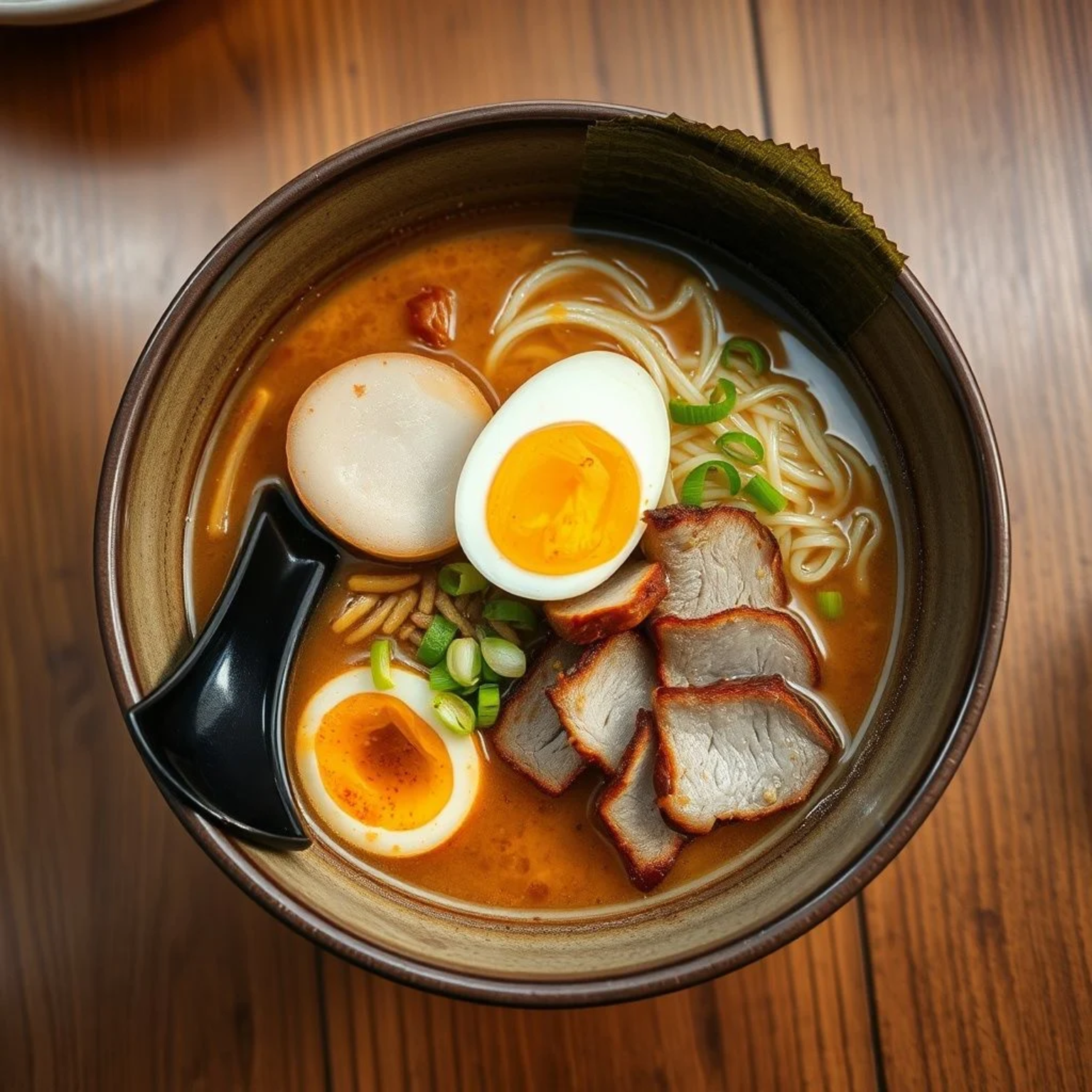 Bol de ramen casero con fideos, caldo tonkotsu y toppings tradicionales japoneses