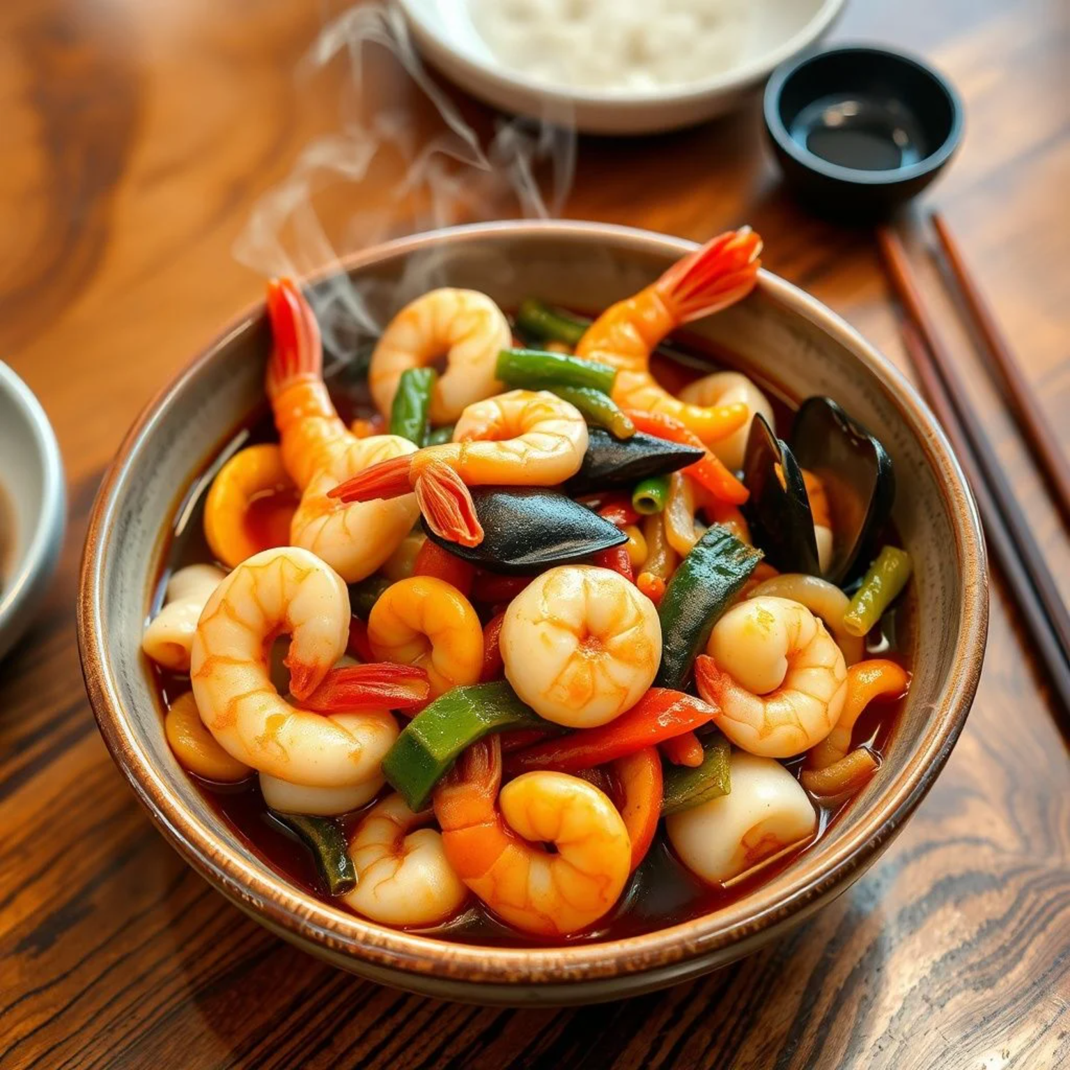 Combinación de mariscos estilo chino en plato cerámico con vegetales coloridos y salsa agridulce.
