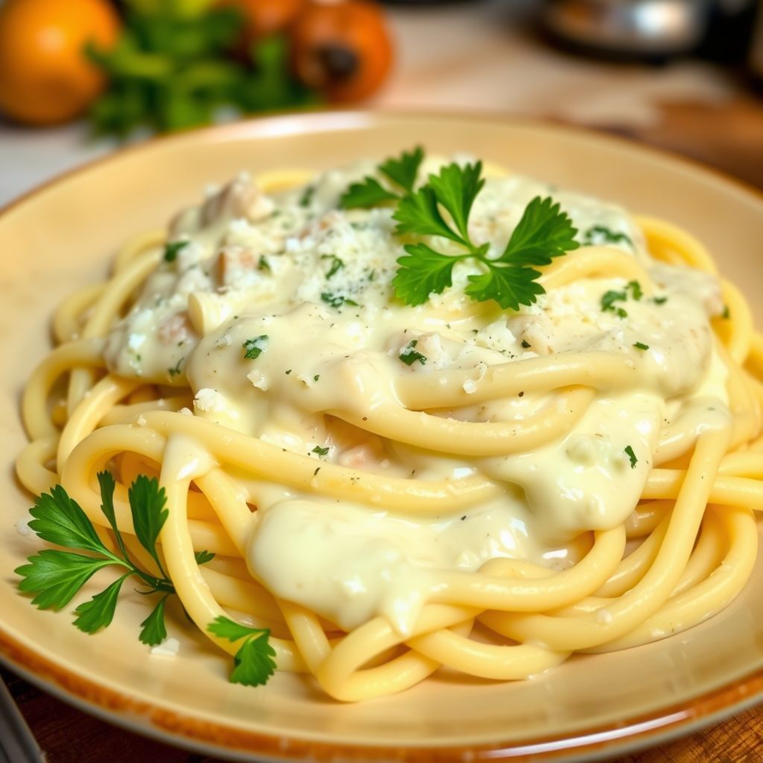 Plato de fettuccine casero italiano con salsa Alfredo cremosa.