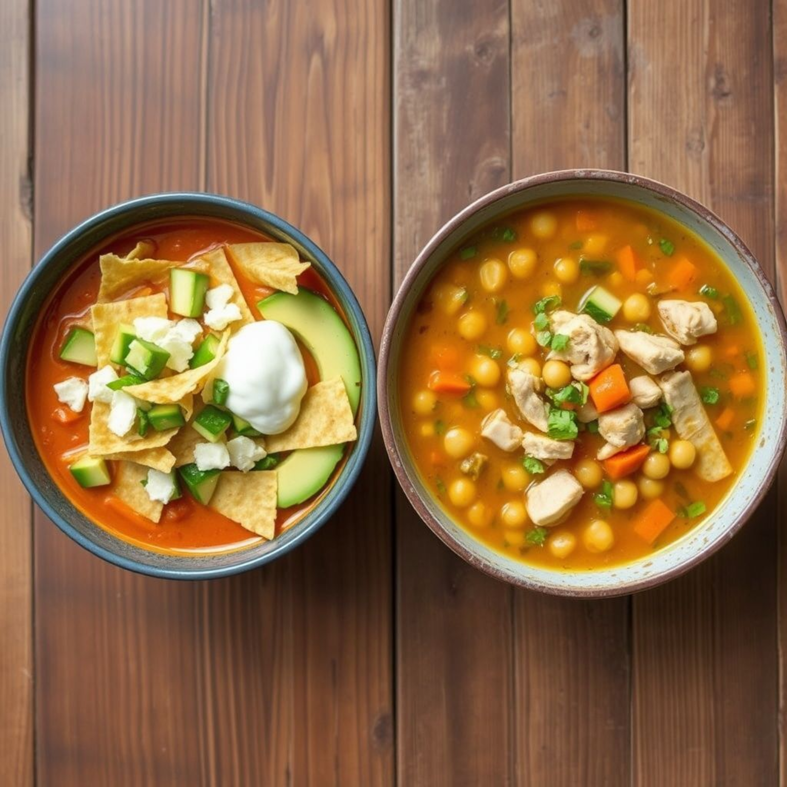 Sopa de tortilla y caldo tlalpeño, dos sopas mexicanas clásicas.