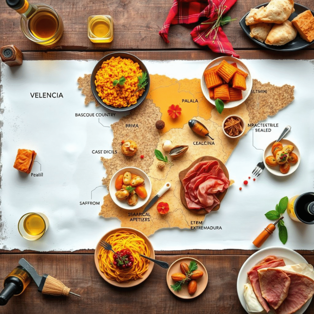 Mapa gastronómico de España mostrando los platos típicos de cada región como paella valenciana, pulpo gallego y tapas vascas