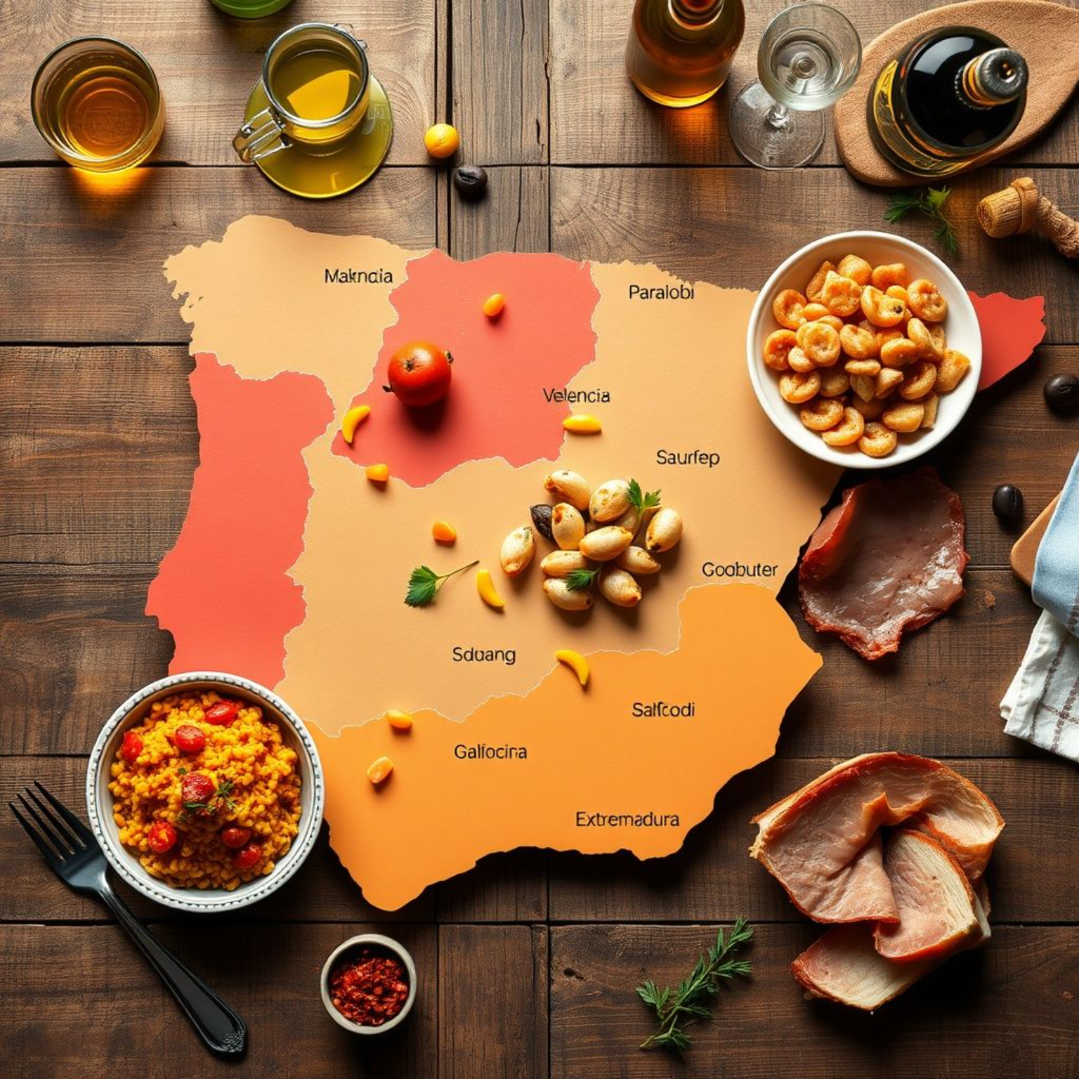 Mapa gastronómico de España mostrando los platos típicos de cada región como paella valenciana, pulpo gallego y tapas vascas