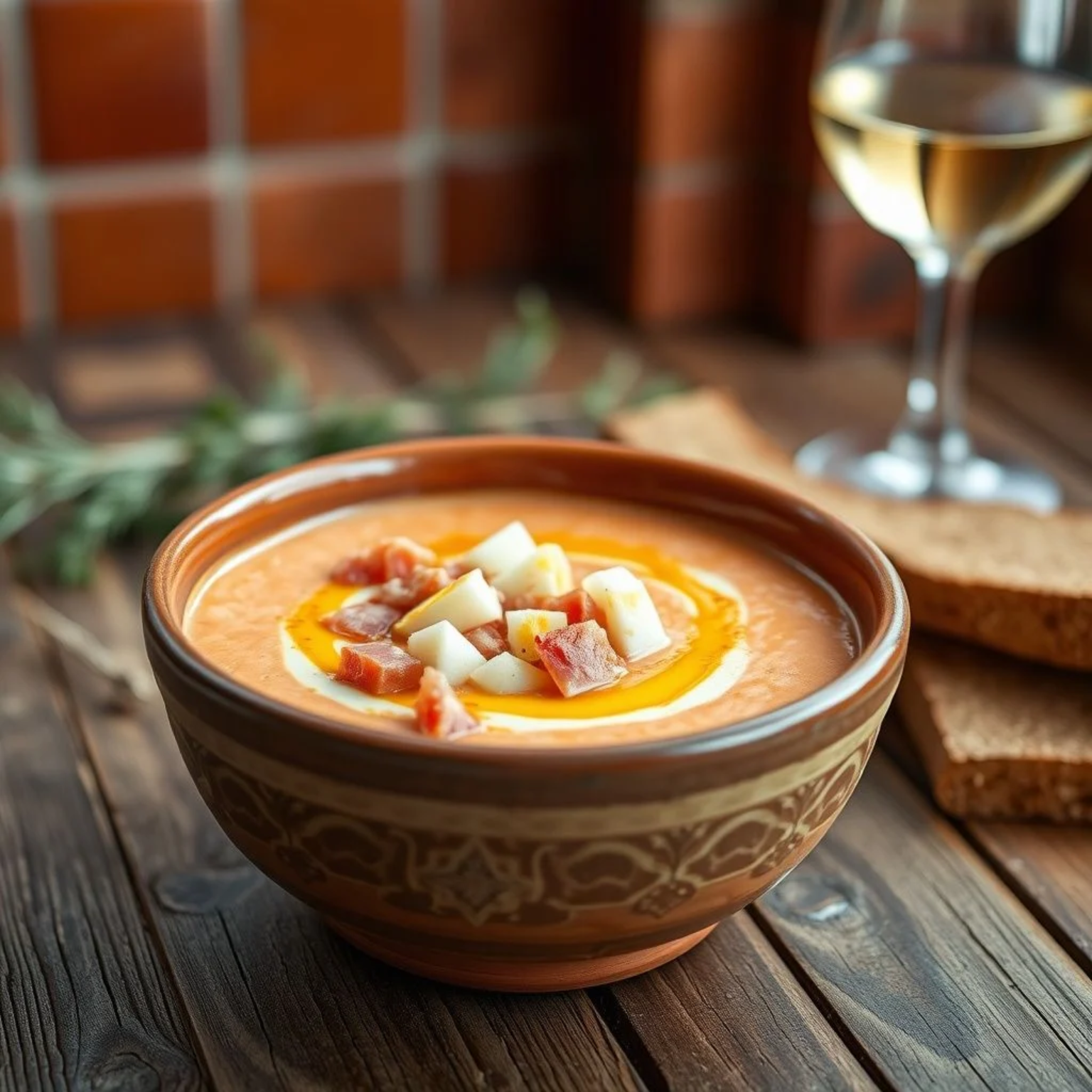 Salmorejo cordobés tradicional servido en cuenco de barro con guarnición de huevo duro picado, jamón serrano y aceite de oliva virgen extra