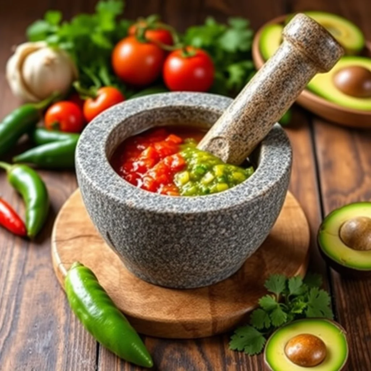 Molcajete mexicano tradicional con salsas roja y verde frescas rodeado de ingredientes como tomates, aguacates, chiles y limones.