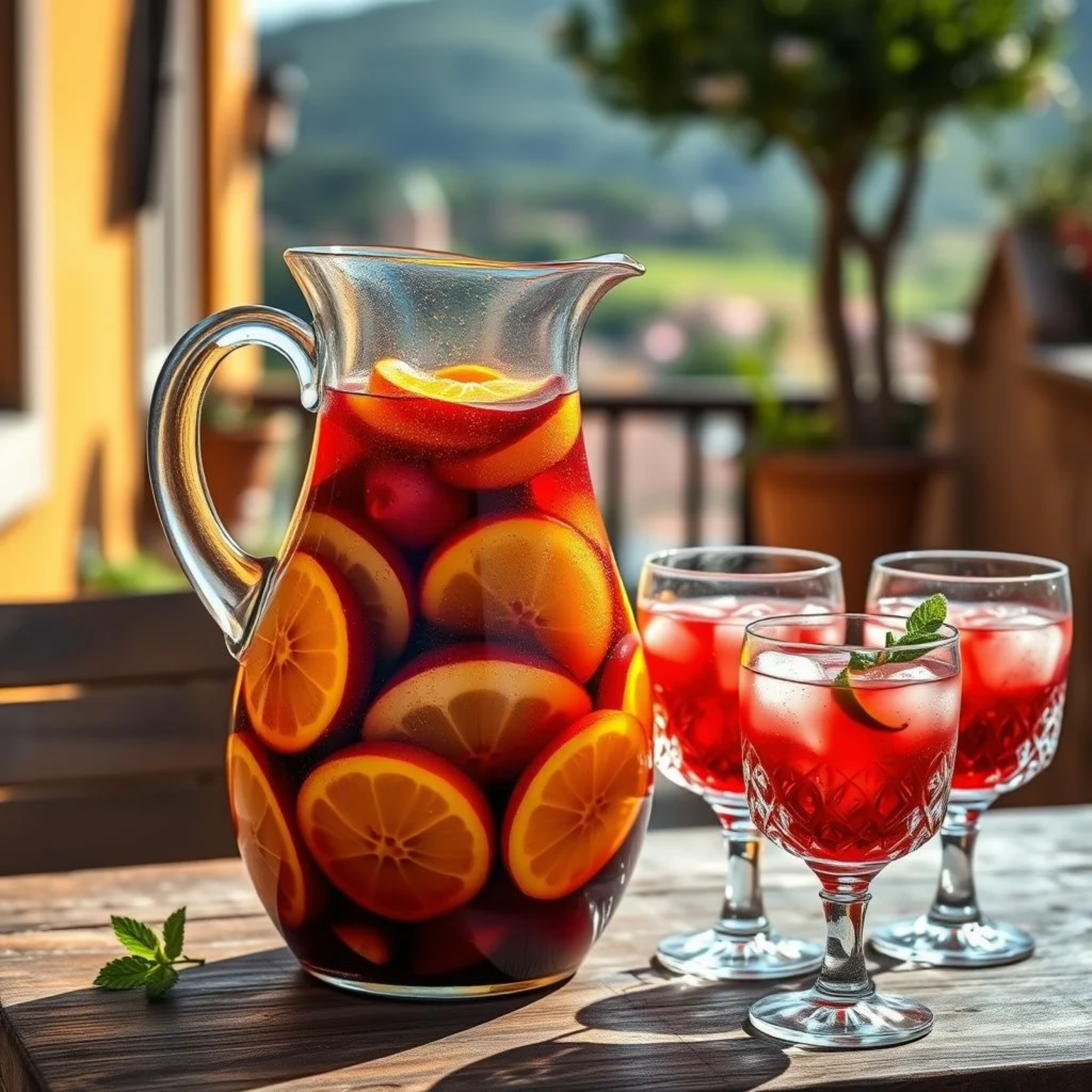 Jarra de sangría española tradicional con frutas frescas, hielo y vino tinto servida en una terraza mediterránea