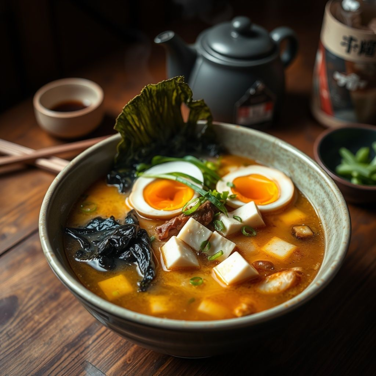 Cuenco de sopa japonesa tradicional con fideos, huevo cocido, algas y verduras frescas.