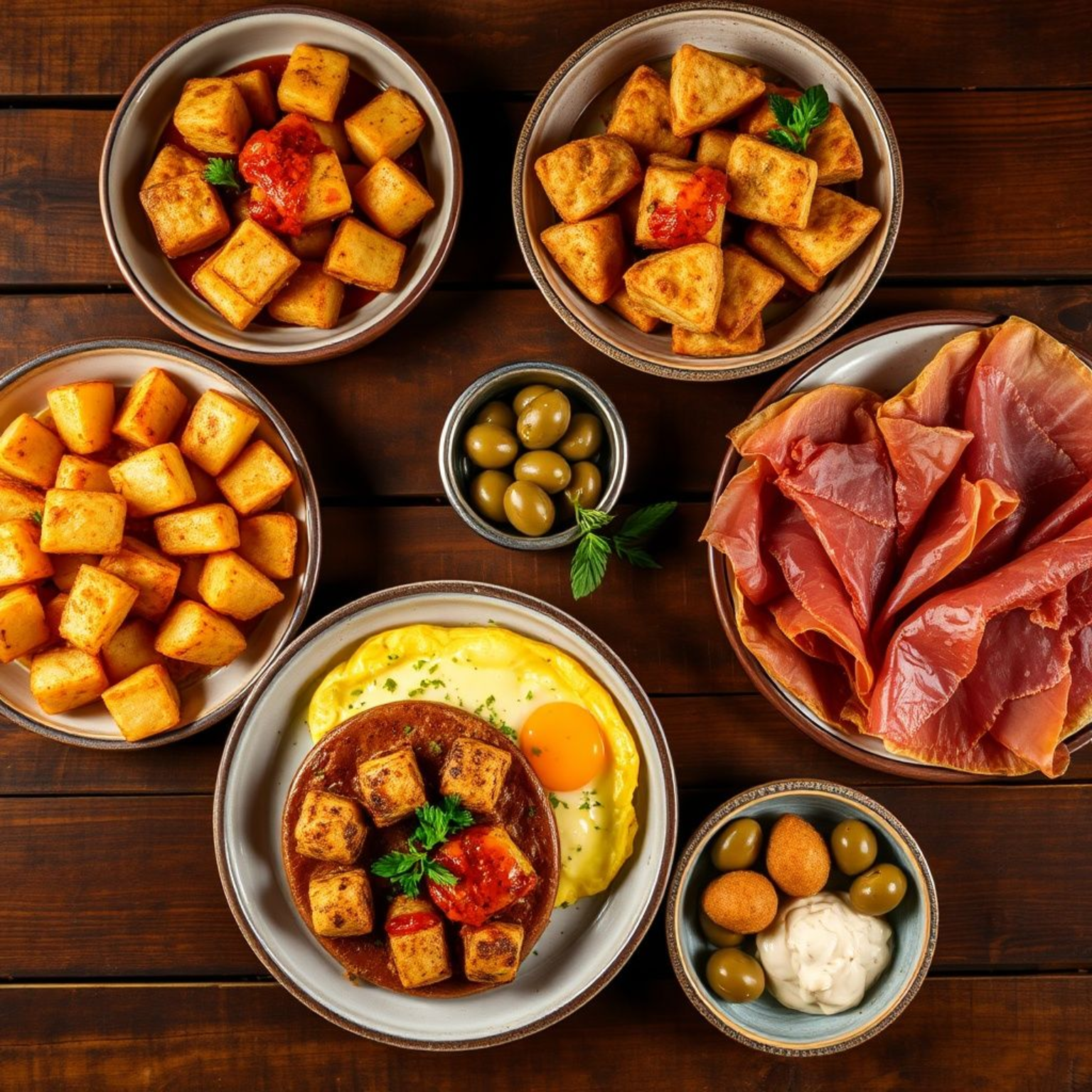 Variedad de tapas españolas tradicionales incluyendo tortilla, jamón ibérico y patatas bravas servidas en platos rústicos
