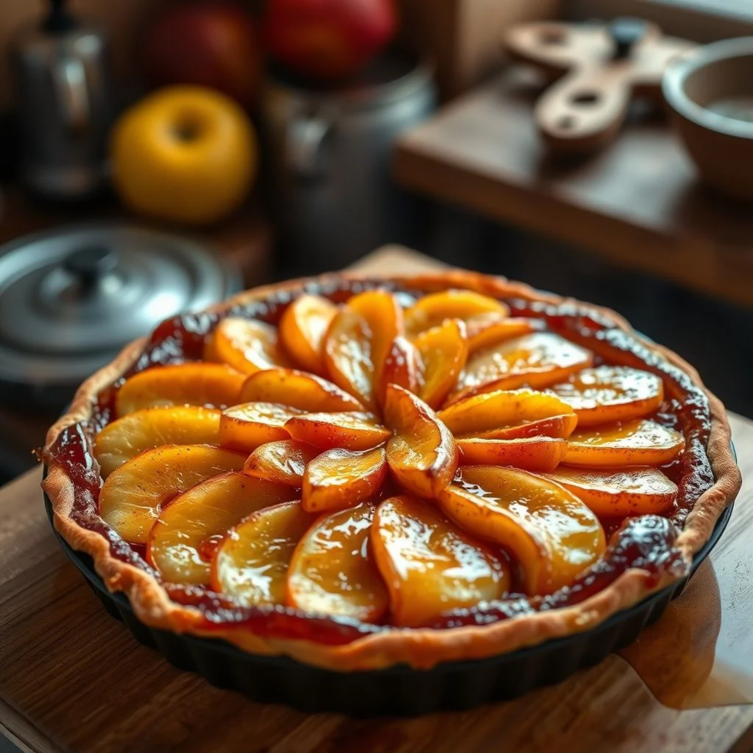 Tarte Tatin francesa tradicional con manzanas caramelizadas perfectamente ordenadas y caramelo dorado brillante