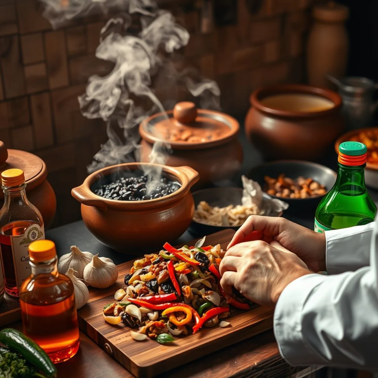 Cocina brasileña tradicional con ollas de barro, técnicas de refogado y especias típicas como el aceite de dendê.